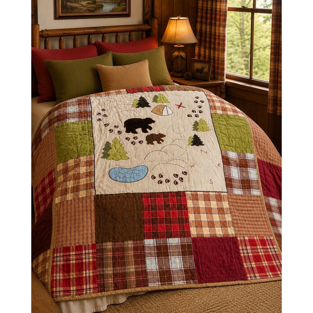 Vintage Woolrich Kids Cabin Quilt | Bear Patchwork | Rustic Lodge Twin Bedding